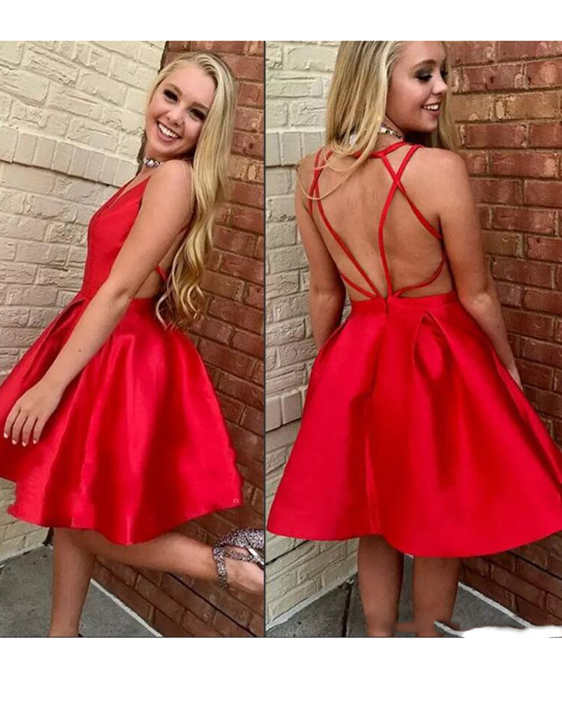 Red V Neck Satin Prom Homecoming Dress Short Party Gown Junior Graduat