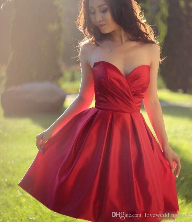 Fancy Sweetheart Red Satin A Line Short Evening Party Dresses Backless Homecoming Dress