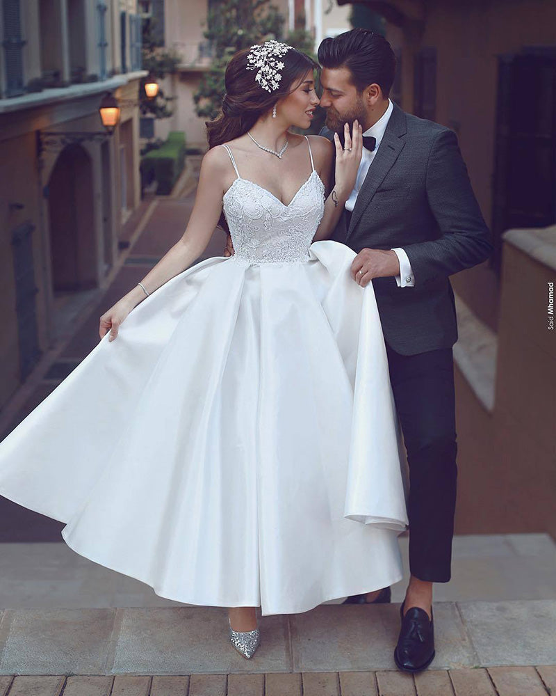 Tea Length Wedding Dresses Spaghetti Straps Beading A Line Satin Short Bridal Gown
