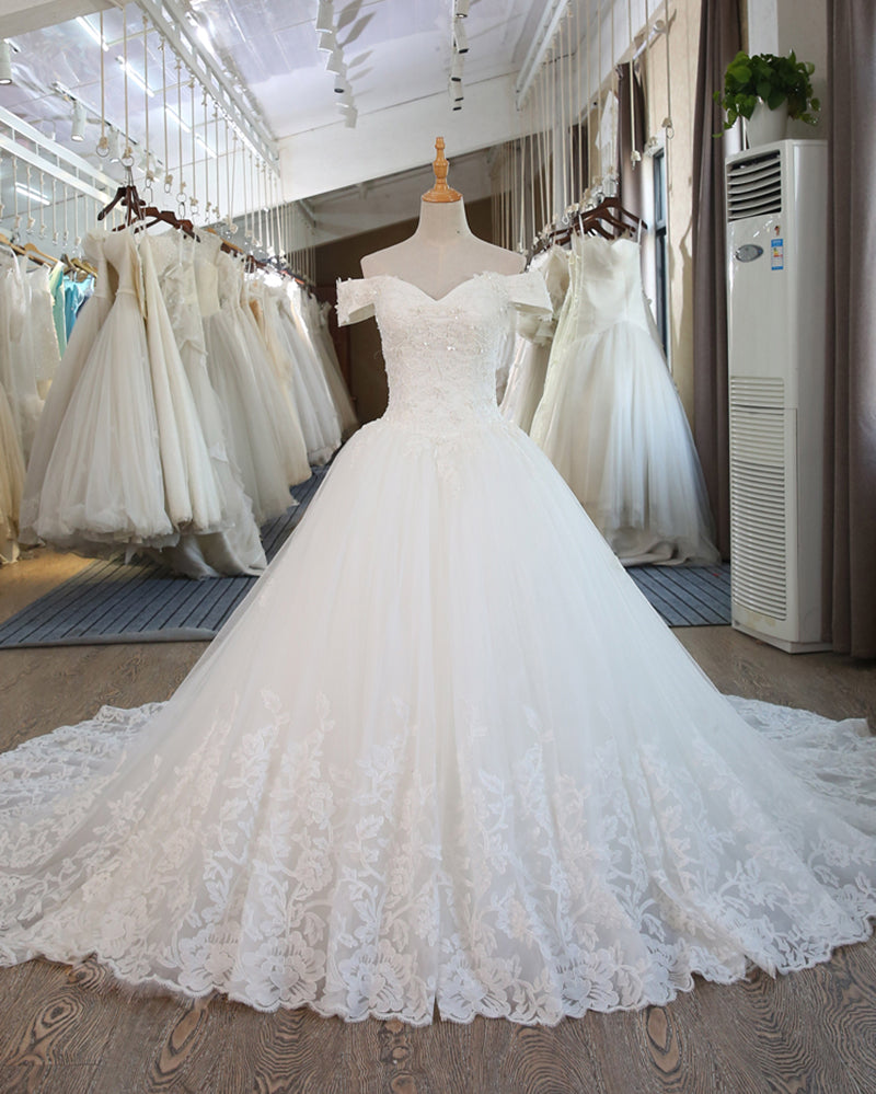 Romantic Off Shoulder Women White Lace Beaded Wedding Dresses A Line Bridal Gown WD3312
