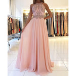 Halter Beading Senior Prom Dress Pink Long Backless Graduation Dress robe courte