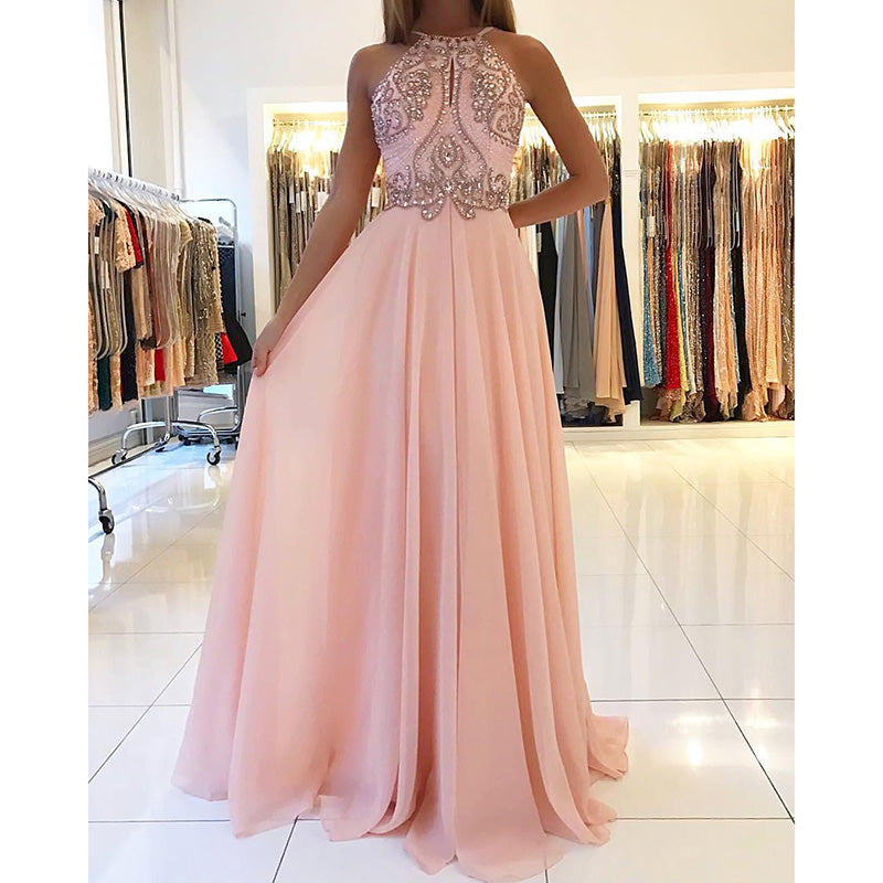 Halter Beading Senior Prom Dress Pink Long Backless Graduation Dress robe courte