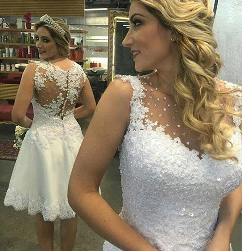LP4498 Short Wedding Dress Lace Bridal Gown with Embellish Vestido De Novias 2018