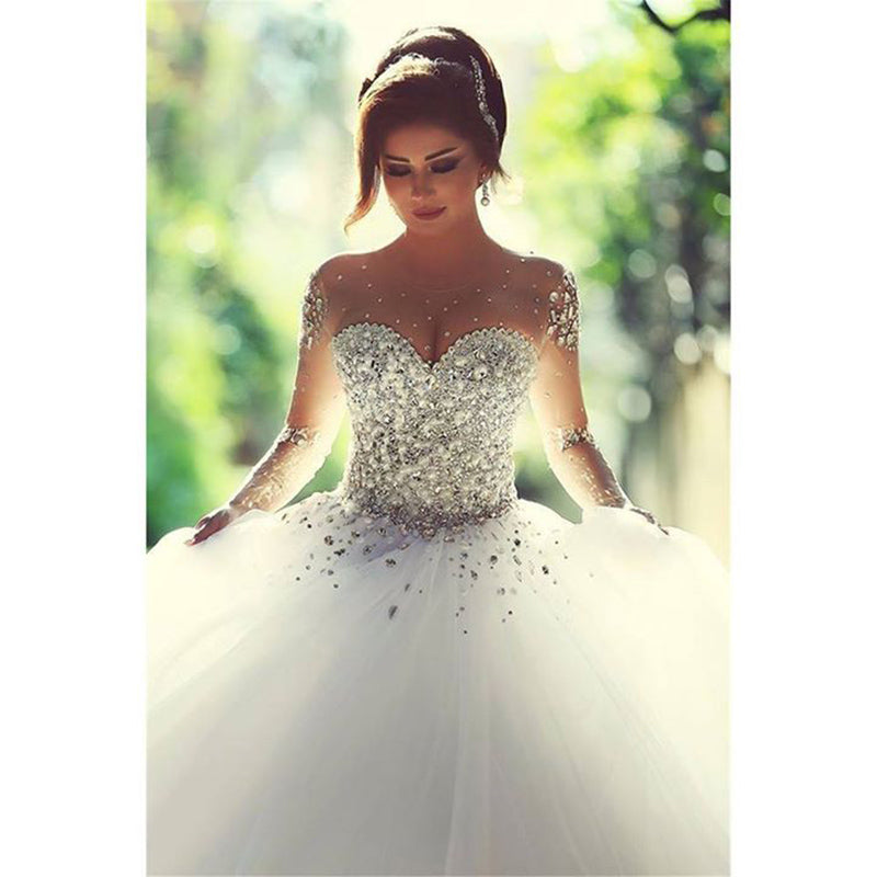 Romantic Bridal Gown Long Sleeves Illusion Crystal Pearl Ball Gowns Wedding Dresses Princess Bridal Gown WD3664
