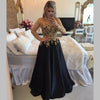 Gold Lace Prom Dresses  Appliques Pearls Black  Evening Gowns with Sleeves Vestido De Festa MO103