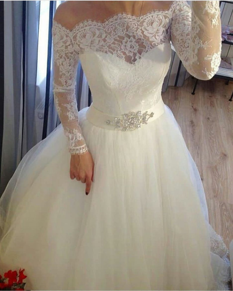 Siaoryne WD003 Tulle Off Shoulder Bridal Wedding Dresses with Long Lace Sleeves and Beaded Sashes