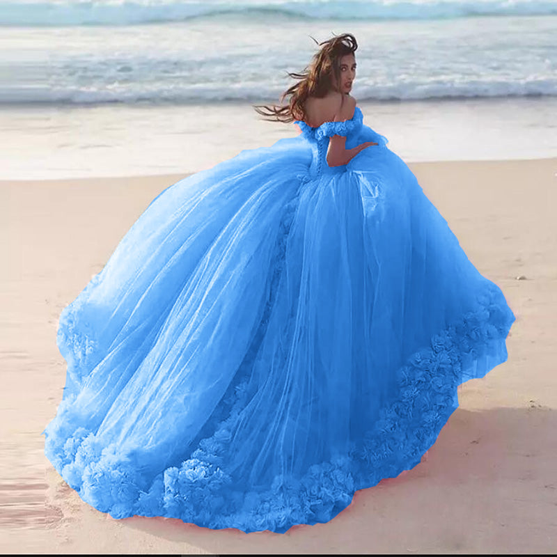 Romantic Poofy Pink Floral Wedding Dresses Off the Shoulder Ball Gown Quinceanera Dress WD5569