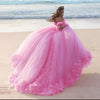 Romantic Poofy Pink Floral Wedding Dresses Off the Shoulder Ball Gown Quinceanera Dress WD5569