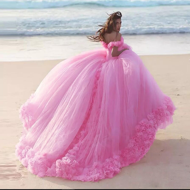 Romantic Poofy Pink Floral Wedding Dresses Off the Shoulder Ball Gown Quinceanera Dress WD5569
