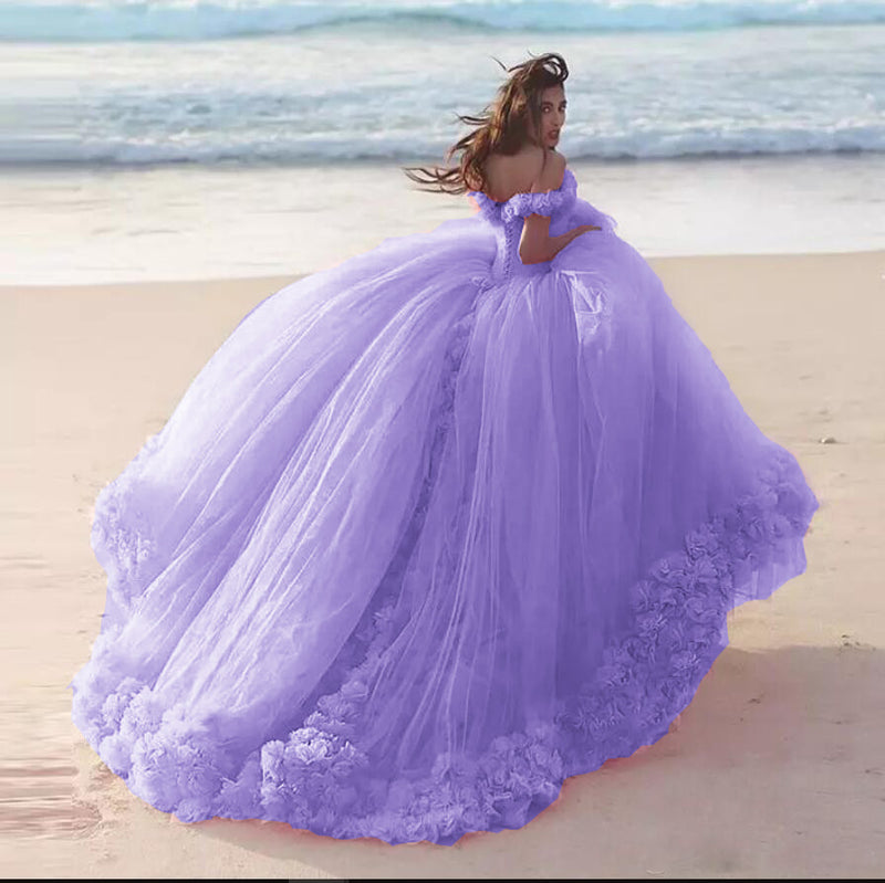 Romantic Poofy Pink Floral Wedding Dresses Off the Shoulder Ball Gown Quinceanera Dress WD5569