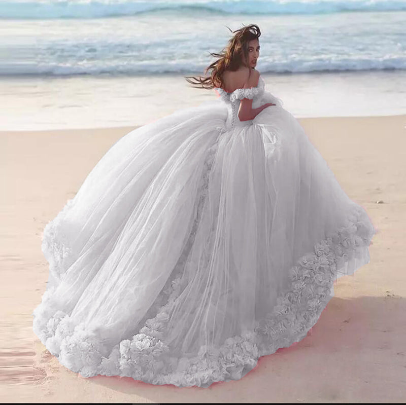 Romantic Poofy Pink Floral Wedding Dresses Off the Shoulder Ball Gown Quinceanera Dress WD5569