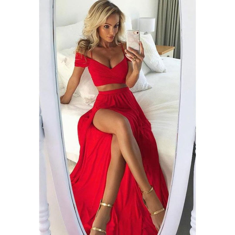 Scarlet Red Off the Shoulder Long Prom Dresses Crop Top Girls party Dress WL321