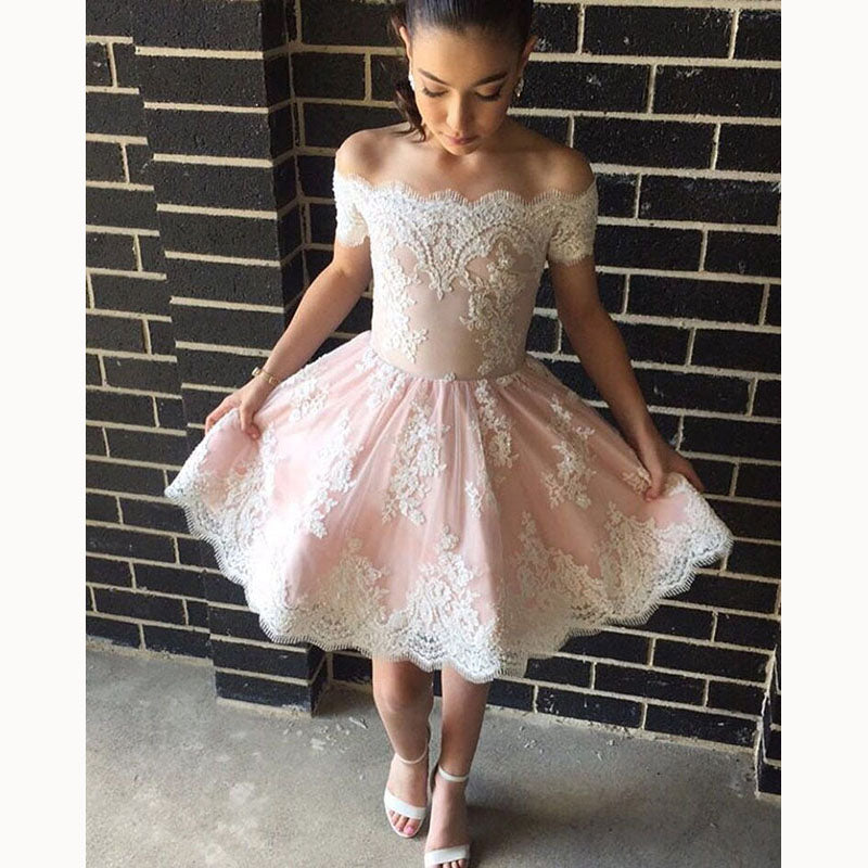 Vestido de fiesta corto color rosa ruborizado/marfil con encaje Vestido de fiesta de graduación juvenil 2020 