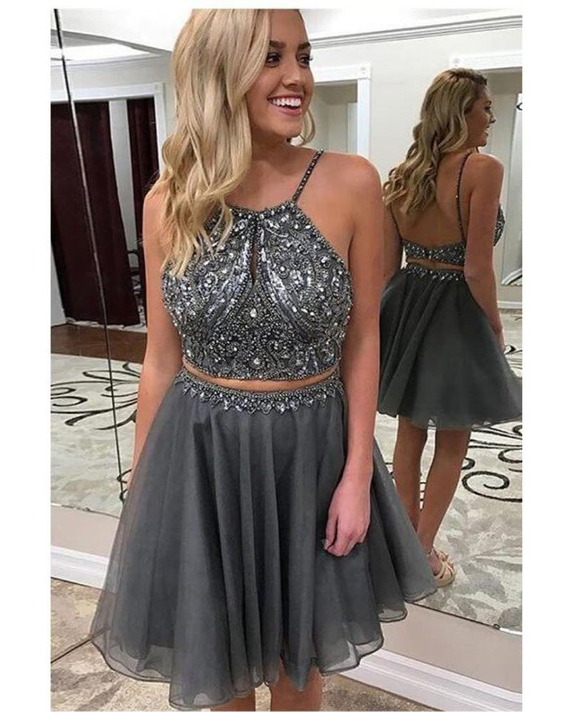 Grey Halter Beading Short Girls Prom Homecoming Dresses Crop Top Short Party Gown
