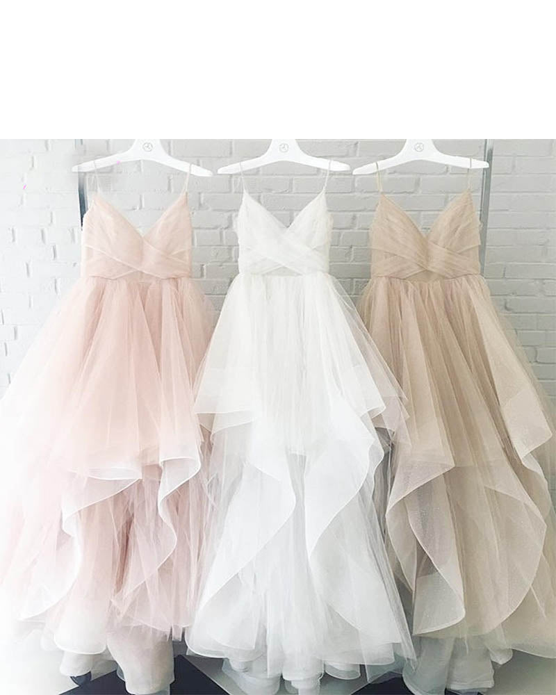 Poofy White/Pink/Champagne Wedding Dress with Spaghetti Straps WD554