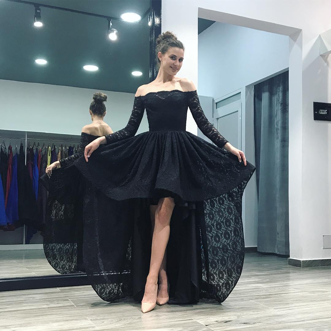 Siaoryne LP 001 Off Shoulder Black/Pink Lace High Low Prom Homecoming Dresses Long Sleeves 2018 fron short long back evening party gowns