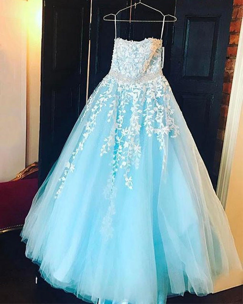 Sweetheart Prom Dress Blue Girls Formal Gown With White Lace