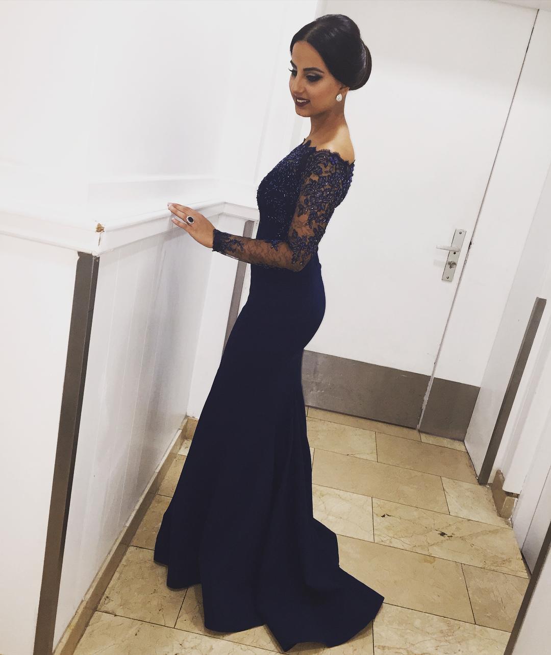 Off the Shoulder Mermaid Evening Dresses Long Sleeves Lace Women Formal Gowns Royal Blue