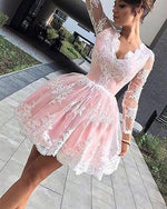 Blush Pink Short Homecoming Dresses Lace Party Gown Girls 8th Graduation Gown with Long Sleeves