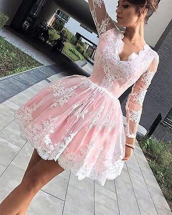 Blush Pink Short Homecoming Dresses Lace Party Gown Girls 8th Graduation Gown with Long Sleeves