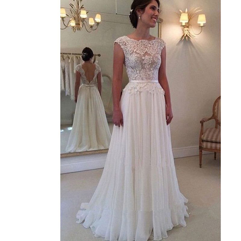 Glamorous Chiffon and Lace Appliques Cap Sleeves Beach Wedding Dresses Travel Boho Bridal Gowns,Vestido De Novias