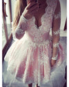 Blush Pink Short Homecoming Dresses Lace Party Gown Girls 8th Graduation Gown with Long Sleeves