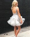 Silver Gray Lace Short Homecoming Dresses V Neck Party Gown with Straps SP330
