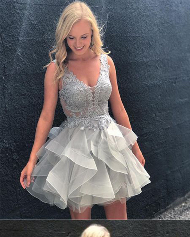 Silver Gray Lace Short Homecoming Dresses V Neck Party Gown with Strap ...