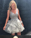 Silver Gray Lace Short Homecoming Dresses V Neck Party Gown with Straps SP330