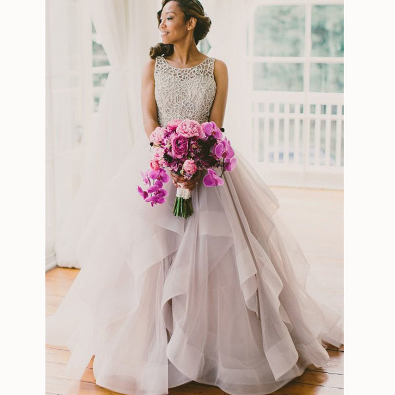 Dreamy Fashionable Ball Gown Bridal dress Brown Wedding Dresses with Beading Tiered Gown Vestido De Novias