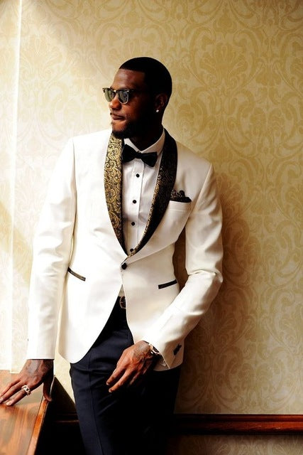 Black Men Wedding Tuxedos Blazer Suits  Ivory  Jacquard Lapel 2 Pieces (Jacket+pants)