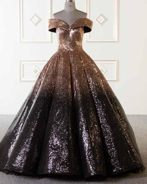Bling Bling Sequins Gold/Black Ball Gown Prom Dresses Off Shoulder Formal Evening gown masquerade LP7752