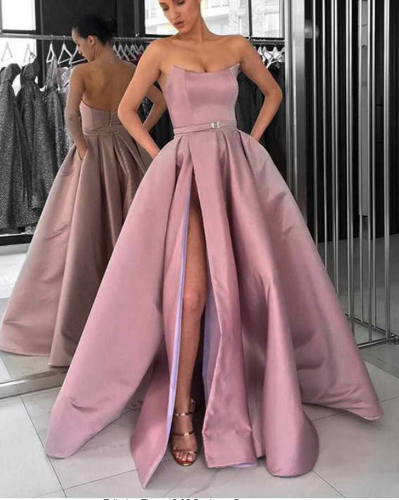 Lavender Strapless Formal Gowns Women 2019 Prom Dresses Long with Slit PL3644