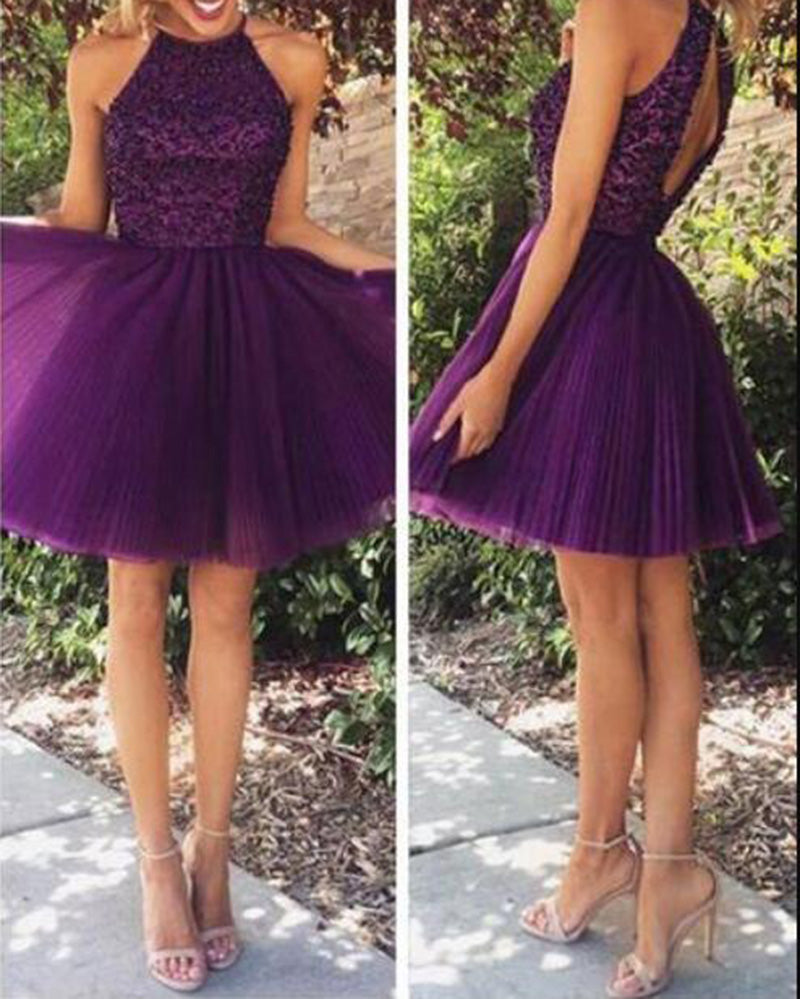 Grape Purple Short Homecoming Prom Dress Beading Halter Poofy Graduation Gown