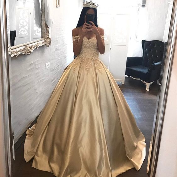 Siaoryne LP005 Long satin Prom Dress Off the Shoulder Champagne with Lace