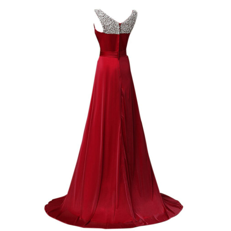 Elegant Long Evening Dresses Scoop Neck Beading Burgundy Prom Dresses
