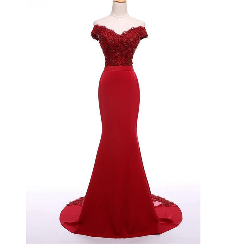Siaoryne LP003 Red Lace Mermaid Bridesmaid Dress off the Shoulder Wedding Guests Dress