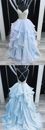 Dreamy Spaghetti Cross Back Beading Tiered Organza Girls Senior Dresses 2020 Prom Beaded Graduation Gown