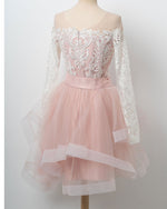 Long Sleeves Pink and White Short Homecoming Prom Dress Cocktail Party Gown