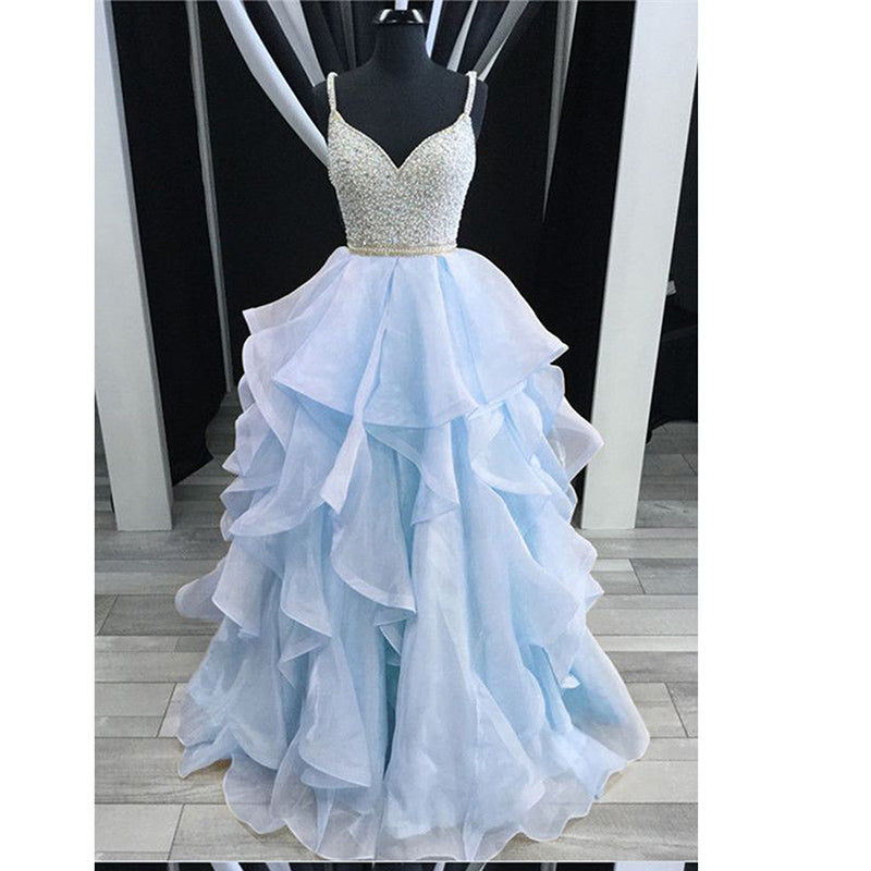 Dreamy Spaghetti Cross Back Beading Tiered Organza Girls Senior Dresses 2020 Prom Beaded Graduation Gown