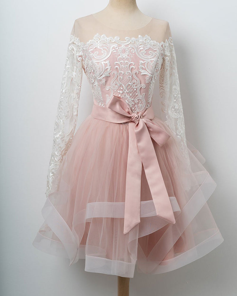 Long Sleeves Pink and White Short Homecoming Prom Dress Cocktail Party Gown