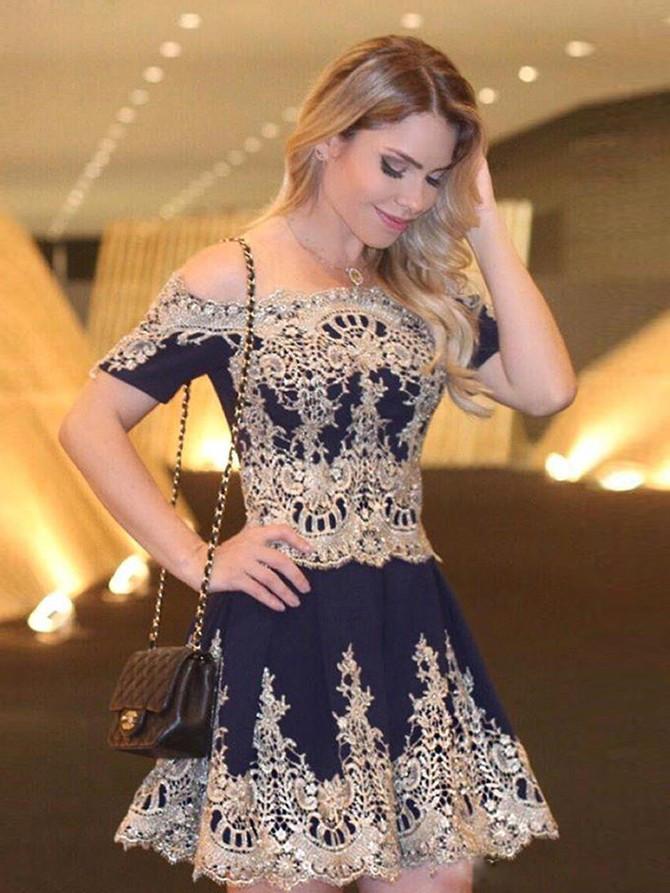 Siaoryne SP005 Vestido corto de fiesta con hombros descubiertos, mangas cortas, apliques de encaje azul marino y dorado
