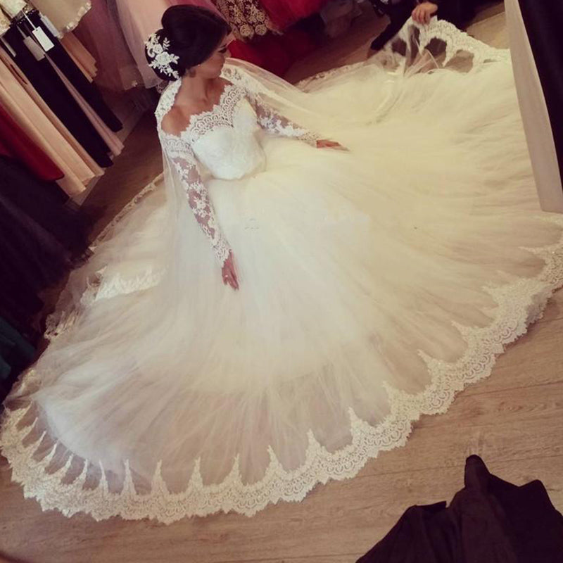 Romantic WD0826 off the shoulder long sleeves Princess Bridal Gown 2020  Poofy Tulle Ball Gown Lace Wedding Dress for Bride