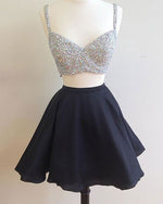Short Prom Dresses with Beading Homecoming Party Gown 2 Pieces with Spaghetti Straps