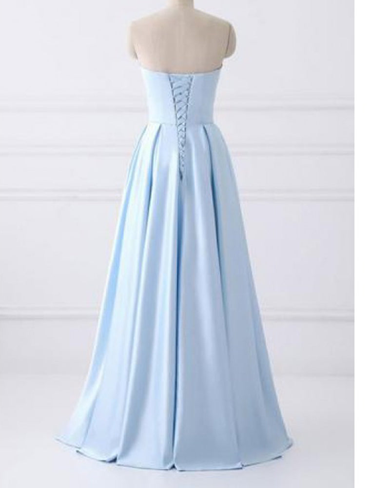 Strapless Girls Light Blue Graduation Prom Dresses Long with Beaded Po
