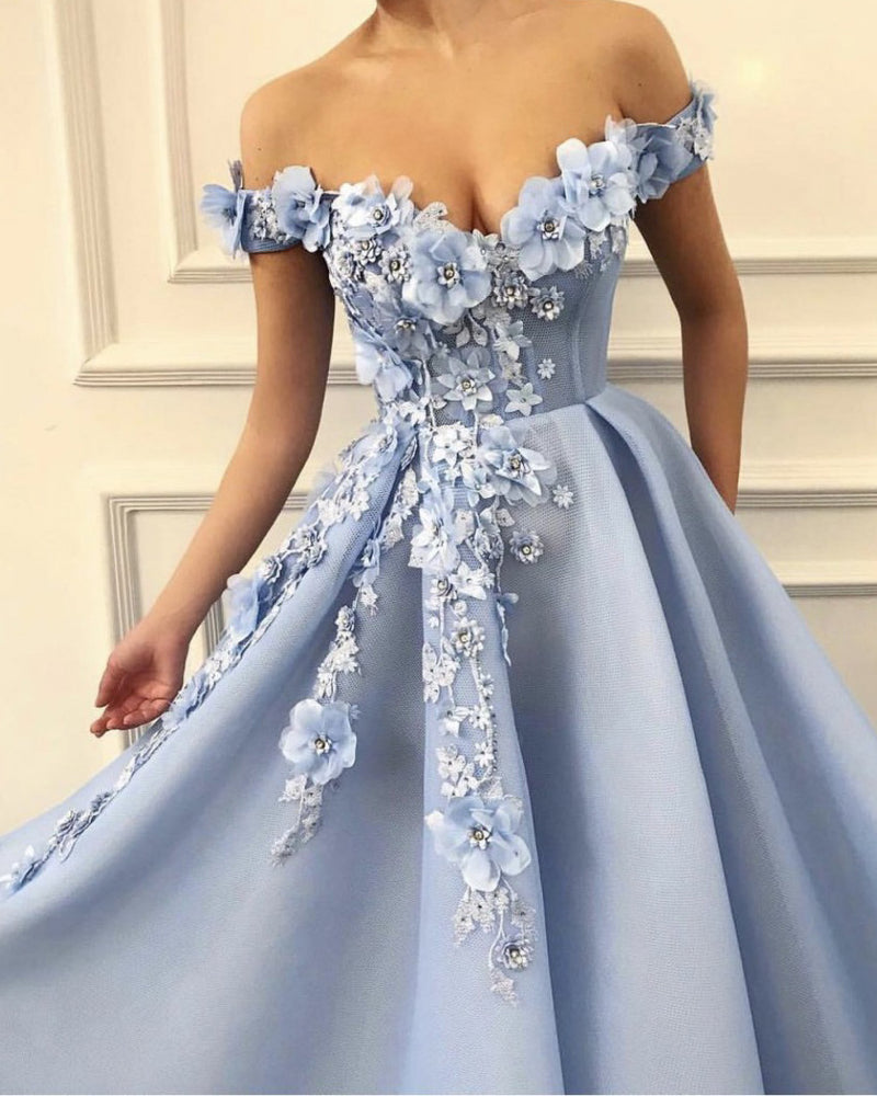 Sky blue prom dress off the shoulder formal dresses with handmade flowers
