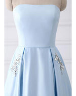 Strapless Girls Light Blue Graduation Prom Dresses Long with Beaded Pocket PL1784