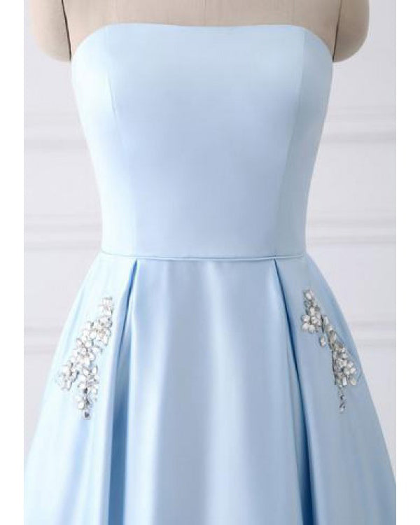 Strapless Girls Light Blue Graduation Prom Dresses Long with Beaded Po