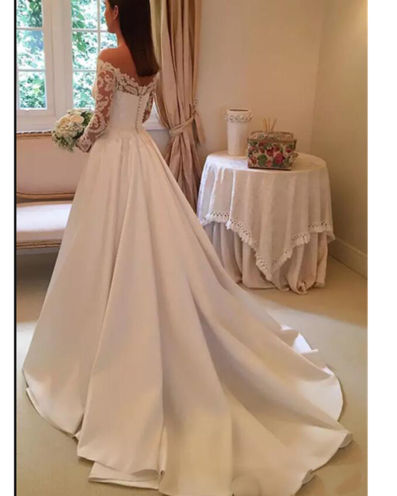 A Line Satin Lace Off the Shoulder Wedding Dresses Vintage Bridal Gown WD662