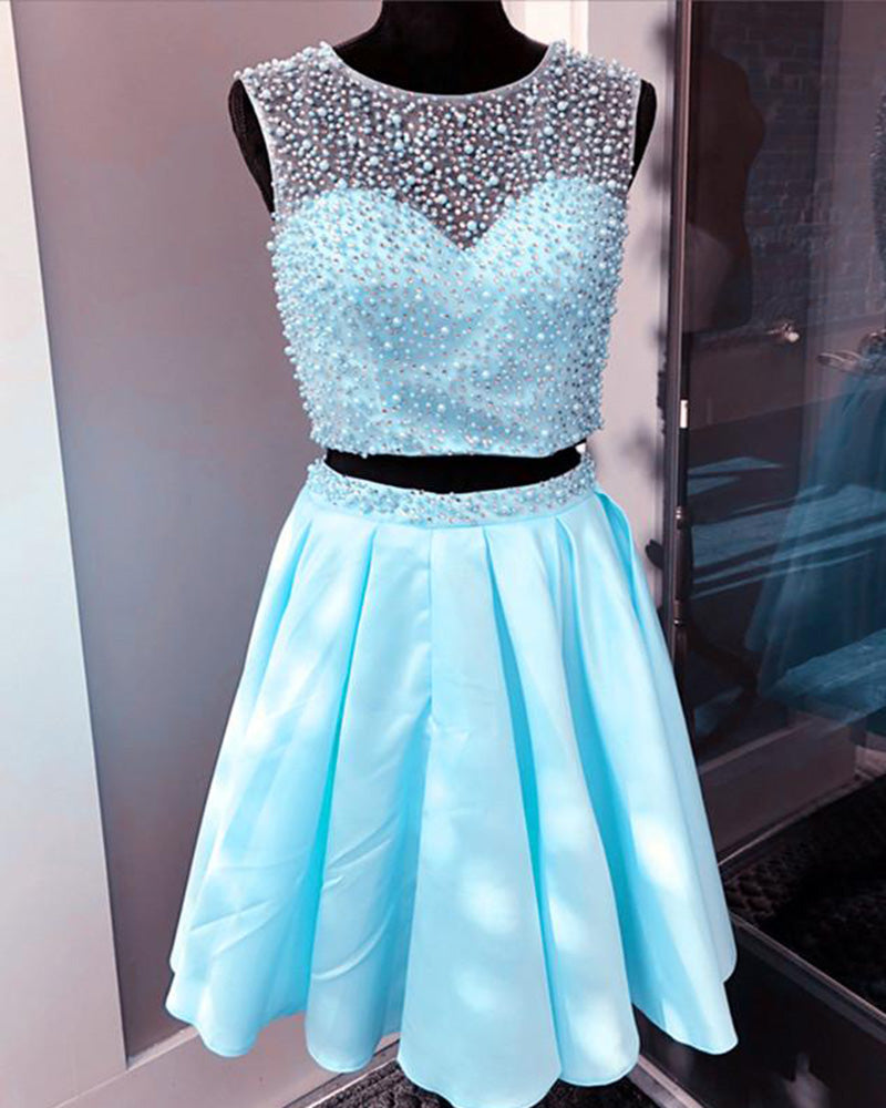 Sky Blue Pearl and Beading 2 pieces Short Junior Prom Homecoming Dress for 8th Grade